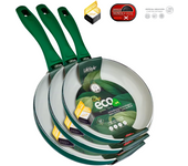 Lifestyle Set de 3 Sartenes aluminio antiadherente cerámico | Gold eco green, respeto con el medioambiente | Antiadherente cerámico | Válida para inducción y todo tipo de fuegos | Libre de PFOA y PTFE | Mango tacto silicona