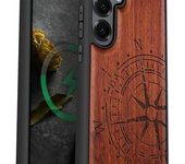 Funda magnética de madera para Galaxy S25+ y Samsung S25 Plus, carcasa de TPU a prueba de golpes con grabado de madera, compatible con cargadores inalámbricos MagSafe (La Brújula Incompleta) en nogal.