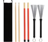 baquetas de 5 A para batería, baquetas de madera de arce y bambú, cepillo de alambre de acero y metal, aptas para metal, rock, jazz y funk, con bolsa de terciopelo