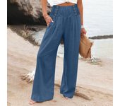 Summer Cotton Linen Wide Leg Pants Women Loose Palazzo Pant Pocket Elastic Waist Button Casual Pant Pants for Women Women’s Pant