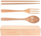 Juego de 4 palillos y cucharas, vajilla de madera portátil con caja para el hogar, hotel y restaurante