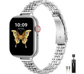 Correas de metal compatibles con Apple Watch de 42 mm, 44 mm, 45 mm y 49 mm, ajustables para iWatch Series 9, 8, 7, 6, 5, 4, 3, 2, 1, SE, 2/1, Ultra 2/1, color plateado