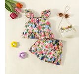 Summer Set 2/Piece Girl Baby Strap+Shorts Girl Cartoon Tulip Printed Small Flying Sleeve Strap Top