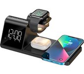 Cargador Inalámbrico 3 en 1 15W W3042 Havit - Carga Rápida iPhone, Samsung, Apple Watch y AirPods - Diseño Elegante en Negro - Luz Nocturna Ajustable - Pantalla LED - Entrada USB-C