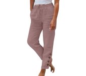 Womens Summer Elastic Waist Pocket Pocket Solid Color Cotton Linen Wide Leg Pants Loose Nine Points Pants Pants for Women