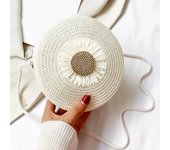 Flower Graphic Circle Straw Bag, Vintage Shoulder Beach Bag, Women's Crossbody Purse Mini Floral Decor Straw Crossbody Bag