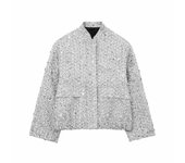 ZBZA Women's Shiny Sequined Bomber Jacket O-Neck Long Sleeve Pocket Stretch Hem Sequins Jacket Coat Fall New Lady Chic Outerwear