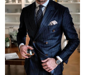 Trendy Navy Blue Striped Men Suit Peak Lapel Double Breasted Male Blazer with Pants Formal Casual Wedding  Slim 2 Pieces