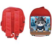 MERCHANDMANIA PACK MOCHILA ROJA Y ESTUCHE gato detective profesion espia mascota animal school material