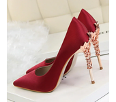 Women 10cm High Heels Metal Sculpture Wedding Bridal Dress Silk Pumps Lady Luxury Brand Design Yellow Blue Valentine Party Shoes