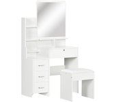 Tocador de Maquillaje con Taburete y Espejo Mesa de Maquillaje con 4 Cajones 4 Compartimientos de Almacenamiento Estilo Moderno 80x38x143 cm Blanco