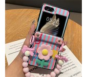 Ins Korean Cute Stripe 3D Flower Pink Bow Bracelet Phone Case for Samsung Galaxy ZFlip5 5G flip3 ZFlip5 Flip4 Flip6 Back Cover