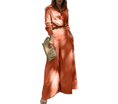 Women's casual 2 pieces set elegant turn down collar long sleeve shirt and wide leg pants