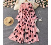 Talla grande Vestido con estampado de lunares de cuello cruzado de manga farol bajo fruncido