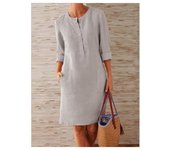 Women Cotton Linen Dress Midi Boho Vintage Henley Neck Plus Size Long Sleeves Skirt Crew neck Spring Summer  46 44 42 40