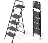 Escalera Plegable 3 Peldaños Anchos con Baranda, Escalera de Tijera con Pedal Antideslizante, Taburete Plegable para Hogar Cocina Garaje Jardín Oficina, Capacidad de Carga de 900LBS, Rosa