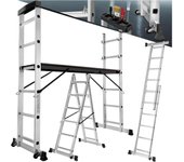 Escalera Plegable Aluminio, Escalera Telescópica Multiusos 4 en 1: Escalera Extensible, Escalera de Tijera, Simple, Andamio Para Desniveles, con Ruedas, Estable, Carga Max. 150 kg