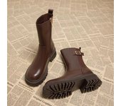 Invierno de las mujeres de cuero Botas cortas de cabeza redonda Chunky Heel Thick Bottom Zip Ankle Boots