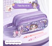 Three-Layers Cartoon Girls Pencil Bag Astronaut Cartoon Girls Large Capacity Pencil Pouch with Keychain Waterproof