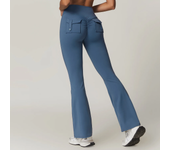 Skinny Solid Color Wide Leg Pants Hip Lifting High Waist Yoga Pants Women Workwear Pocket Micro Flare Slim Sports Fitness Pants