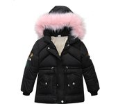 Girls Thick Warm Puffer Jacket Kids Coat with Fur Hoodie Jacket  Puffy  Windproof Cotton  Outwear 3-8 Years Black