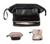 Bolsa de maquillaje de doble capa minimalista, bolsa de cosméticos de color sólido, bolsa de aseo de viaje
