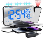 Despertador Proyector para Techo con Radio FM, Espejo LED, Sensor de Temperatura/Humedad, 4 Niveles de Brillo, Alarma Doble y USB, Regalo Moderno para Dormitorio (Negro)