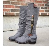 Botas de mujer de encaje hasta la rodilla Botas de mujer de goma flocado tacón cuadrado zapatos bajos Botas Botas de invierno de hebilla Tamaño 42
