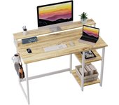 Escritorio de Ordenador con Soporte de Monitor, Escritorio de Oficina con Estantes de Almacenamiento Ajustables, Pequeño Escritorio Reversible para el Estudio, Beige