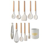 Utensilios de cocina blancos, herramienta de silicona con mango multifunción de madera