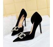 Banquet light luxury thin heel side hollow suede shallow mouth pointed rhinestone buckle high heels