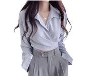 Women Chiffon Shirt Thin Summer Back Tie Bowknot Waist Closing Unique Chic Short Small Tops