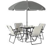 Conjunto de Mesa y Sillas Jardín de 6 Piezas Muebles de Jardín Exterior con 4 Sillas Plegables Mesa de Vidrio y Sombrilla para Terraza Patio Crema