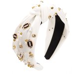 Pearl Rhinestone Football Headbands for Women Game Day Football Charms Beads Knotted Headband Headpiece Twist Top Knot Sports Head Band Hair Accessories Gifts