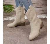 Bordado Western Cowboy Boots Mujeres PU Cuero Largo Tobillo Botas Puntiagudas Chunky Heel Knee High Boots