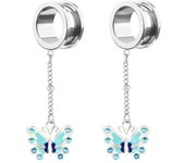 2x butterfly pendants in various styles, steel ear plugs, 6mm-25mm meat tunnel, double convex stretcher screws