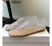 Nuevos zapatos individuales de gelatinas de plástico de verano, sandalias planas de Ballet de malla tejida para mujer, zapatos de playa de diseño hueco transparente con punta redonda