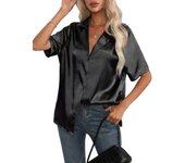 Elegancia holgada para mujer en verano Camisa manga corta de satén Color sólido Novedad 2024