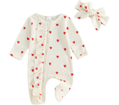 Baby Girls Valentines Day Foot Cover Jumpsuit Long Sleeve Crew Neck Heart Print Ruffle Zipper Footies with Headband 0-6M