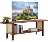 Mueble TV 2 Niveles 140cm，Muebles TV Salon con Rattan Mueble Bambú, Mesa TV Soporte para Centro de Entretenimiento, Natural-B