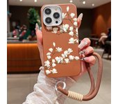 Soft TPU Lanyard Case For iPhone 16 15 Pro Max 14 Plus 13 12 Pro Max 11 White Flowers Printed Leather Texture Rope Phone Cover