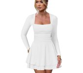 Pretty Ruffle Short Dresses for Women Chic and Elegant Square Collar Long Sleeve Dress New In Party Clothing Sale