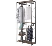 Perchero de Pie Perchero con Banqueta Almacenaje Multiusos de Entrada con 4 Estantes para Ropa Zapatos, Bolsos, Madera+Metal Negro+Vintage