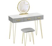 Dressing Table with LED Lights and Velvet Stool, 3 Drawers, White Golden Grey