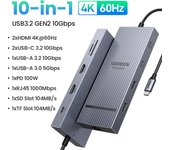 UGREEN Revodok Pro 3121 10Gbps Hub USB C Doble HDMI 4K60Hz DisplayPort 4K120Hz 12 En 1 Docking Station USB C PD 100W Adaptador Ethernet Lector de Tarjeta SD TF Jack 3.5mm