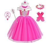 Girls Aurora Dress Princess Halloween Cosplay Costume Princess Rosy Pink Deluxe Outfit Kids Birthday Party Gown Fairy Disguise