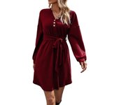 Loose Woman Knitted Dress Solid Color Lace Up Korean Fashion Clothing Crochet Dresses for Women One-piece Full Sleeve Retro X G