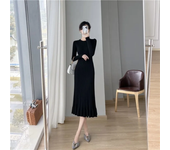 Autumn Winter Knit Dress Women Long Sleeve Round Neck Pleats Ruffle Casual Long Solid Color Fashion Dress For Women