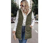 Women Long Puffer Vest, Zip up Reversible Fleece Sleeveless Hooded Jacket