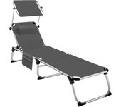 Exterior de Aluminio, Tumbona Plegable con Reposacabezas, Parasol y Bolsillo Lateral, Tumbona Playa Reclinable en 6 Posiciones, Tumbona Piscina Resistente a Intemperie - Gris